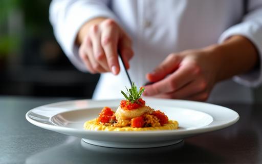 Ein Koch arrangiert ein Gourmet-Gericht.